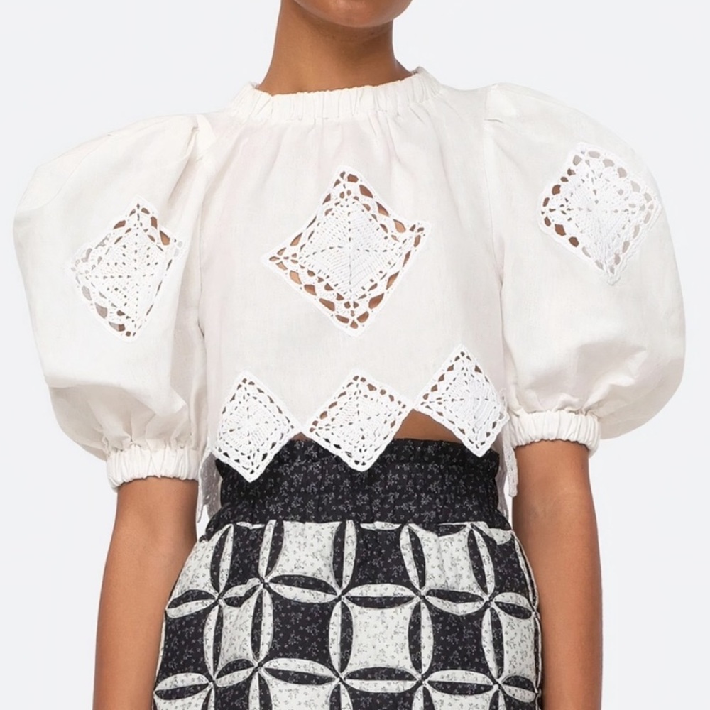 SEA New York White Puff-Sleeve Vlada Cut-Out Crochet Top